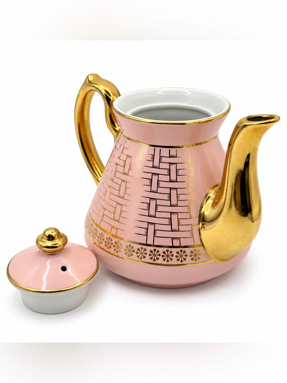 Vintage Hall Philadelphia Basket Weave Pink & Gold 6-Cup Teapot Made in USA